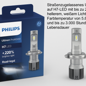 Produktbild der Philips Ultinon Pro6000 H7 LED Nachrüstlampe mit Verpackung in Blau und silberner LED-Lampe. Auf der Verpackung steht: Philips, Ultinon Pro6000, H7 LED, +220 % brighter light, Road-legal. Rechts daneben die Lampe im Detail. Zusätzlich Text: Straßenzugelassenes Umrüstset auf H7-LED mit bis zu 220 % hellerem, weißem Licht, Farbtemperatur 5800 K und bis zu 3000 Stunden Lebensdauer.