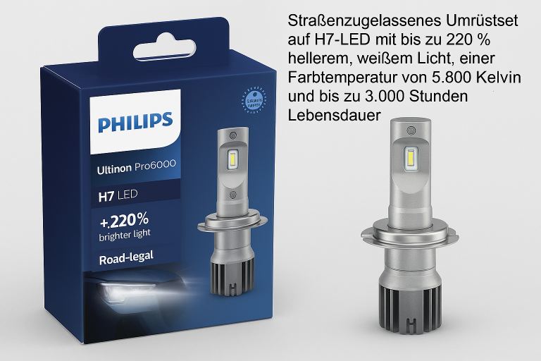 Produktbild der Philips Ultinon Pro6000 H7 LED Nachrüstlampe mit Verpackung in Blau und silberner LED-Lampe. Auf der Verpackung steht: Philips, Ultinon Pro6000, H7 LED, +220 % brighter light, Road-legal. Rechts daneben die Lampe im Detail. Zusätzlich Text: Straßenzugelassenes Umrüstset auf H7-LED mit bis zu 220 % hellerem, weißem Licht, Farbtemperatur 5800 K und bis zu 3000 Stunden Lebensdauer.